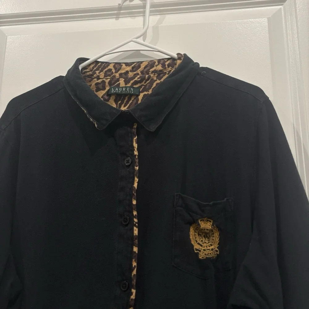 Lauren Ralph Lauren Black Leopard Print Collared 3/4 Sleeve Sleep Gown 3X XXL